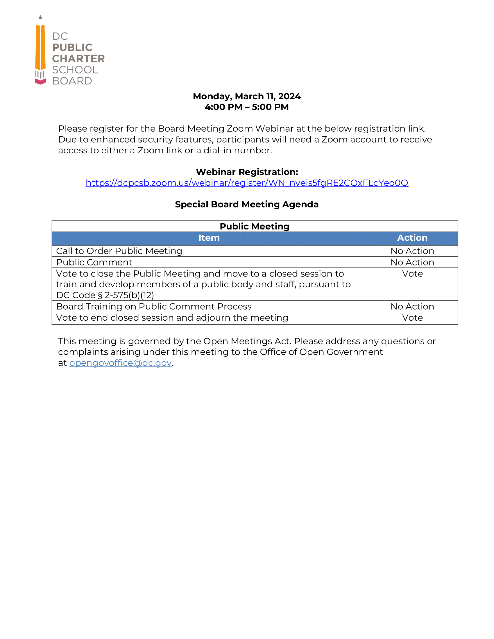 Special Board Meeting Board Training Dc Pcsb